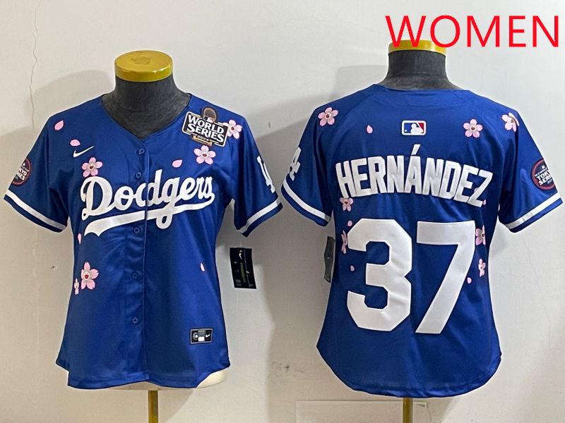 Women Los Angeles Dodgers 37 Hernandez Blue Sakura Edition 2025 Nike MLB Jersey style 6